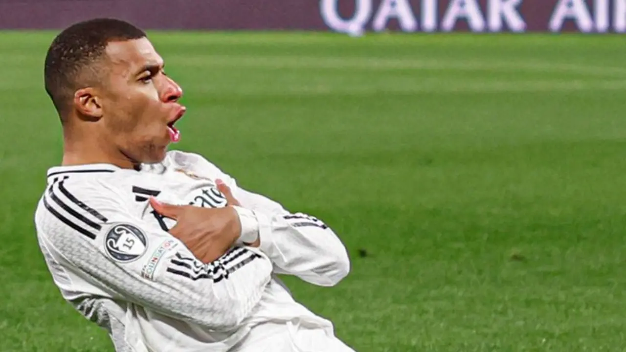 Kylian Mbapp&eacute;, celebrando su gol ante el Atalanta. /  @realmadrid