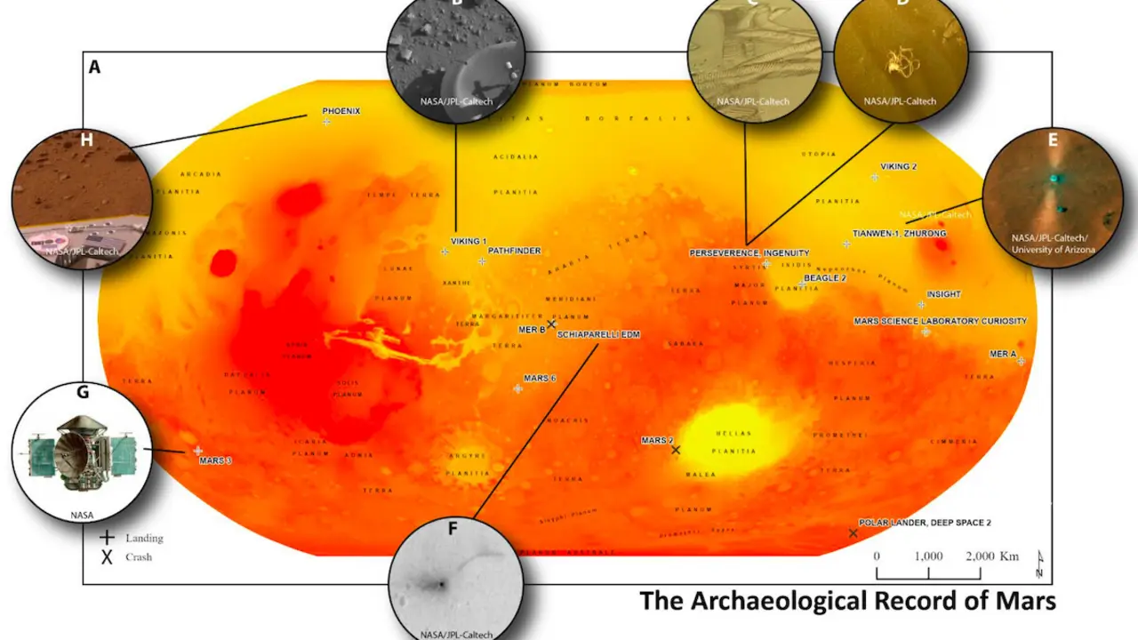 Mapa de Marte que ilustra las 14 misiones a Marte, sitios clave y ejemplos de artefactos que contribuyen al desarrollo del registro arqueol&oacute;gico. / Universidad de Kansas