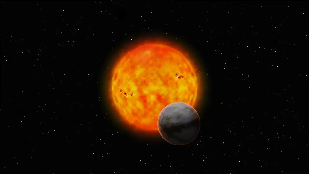 Impresi&oacute;n art&iacute;stica de GJ 1214 b pasando frente a su estrella anfitriona. /  Observatorio Astron&oacute;mico Nacional de Jap&oacute;n (NAOJ)