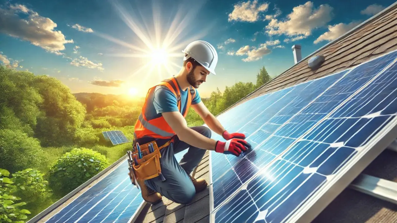 Un instalador con casco y chaleco de seguridad colocando paneles solares en un techo. / RRSS.