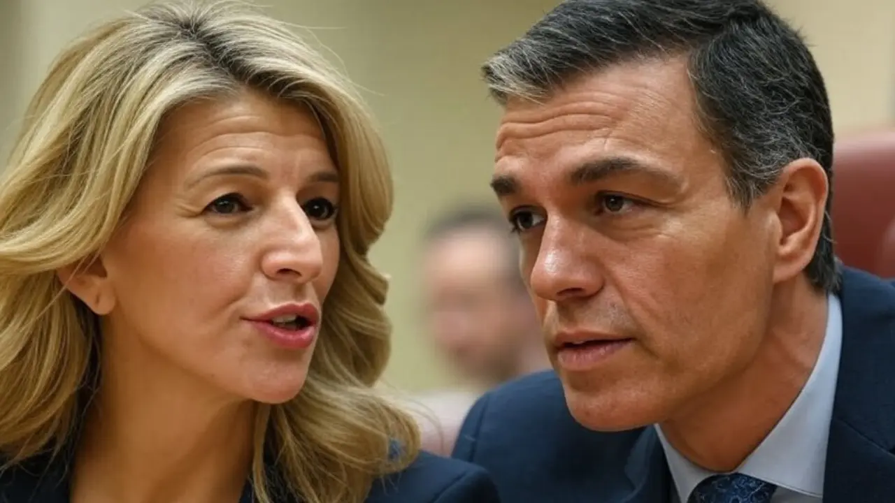 Yolanda D&iacute;az, vicepresidenta segunda y ministra de Trabajo; y Pedro S&aacute;nchez, presidente de Gobierno. / Imagen creada con IA.