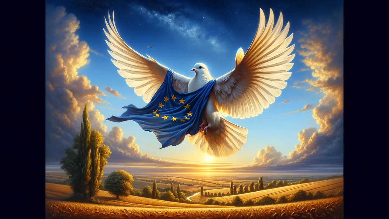 Una majestuosa paloma blanca, símbolo de la paz, vuela sobre un paisaje de Ucrania con sus alas extendidas mientras sostiene una bandera de Europa. / Ilustraci&oacute;n de Mundiario