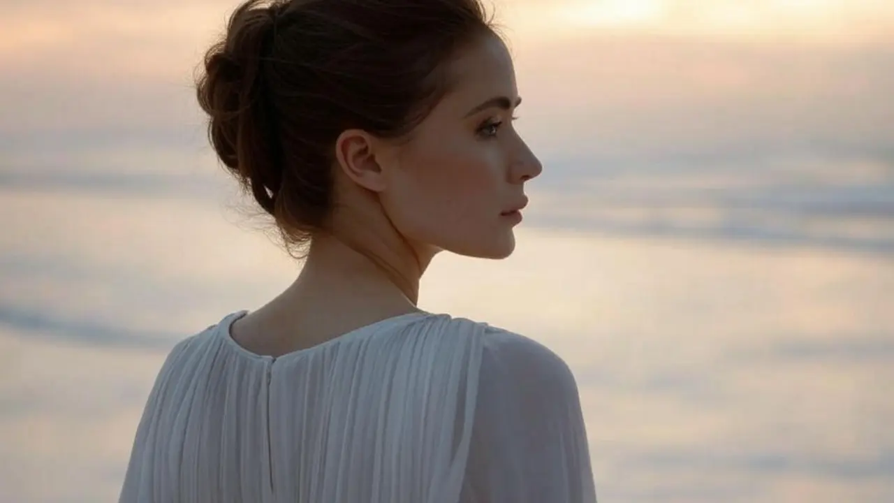 Una mujer de espaldas, con un vestido fluido y un peinado recogido, mirando un horizonte sereno. / Grok.
