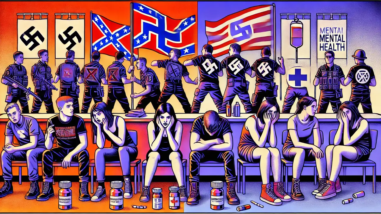 Ilustraci&oacute;n donde aparecen chicos con s&iacute;mbolos de la extrema derecha y chicas sujetas al consumo de antidepresivos. / Mundiario