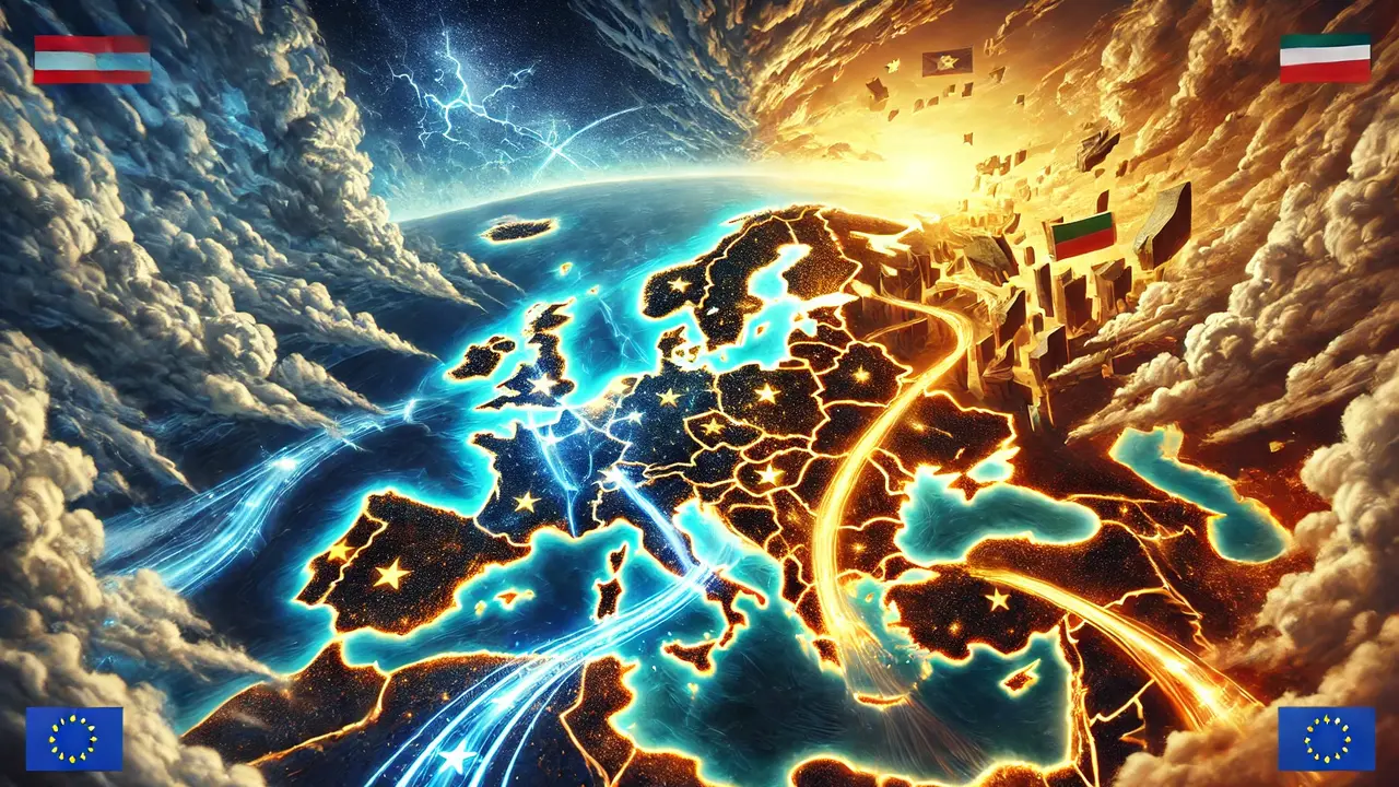 Una ilustraci&oacute;n que representa el dilema pol&iacute;tico de Europa con caminos divergentes entre la unidad y la fragmentaci&oacute;n. / Mundiario