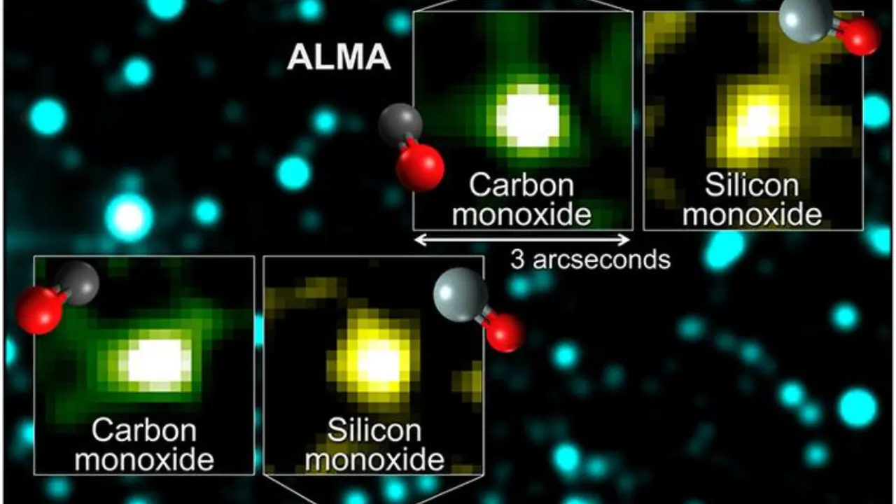 L&iacute;neas de emisi&oacute;n molecular de misteriosos objetos helados captados por el telescopio ALMA. / ALMA (ESO/NAOJ/NRAO), T. Shimonishi et al. (Universidad de Niigata)