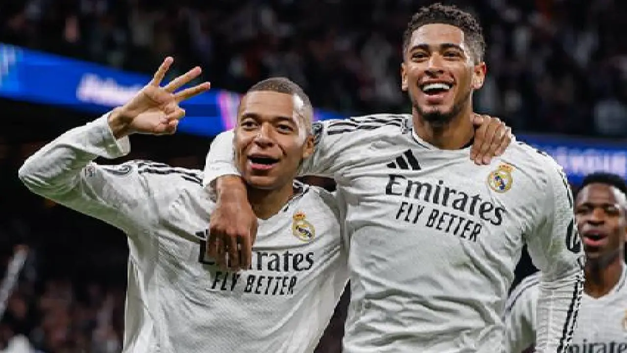 Mbapp&eacute; celebrando uno de sus goles con el Real Madrid. /   @realmadriden