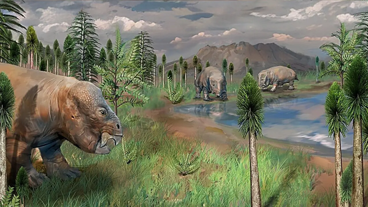 Reconstrucci&oacute;n art&iacute;stica del paisaje ecol&oacute;gico terrestre antes de la extinci&oacute;n masiva del P&eacute;rmico tard&iacute;o, basada en palinomorfos f&oacute;siles, plantas y tetr&aacute;podos en el sur de Taodonggou, China. / Yang Dinghua - Instituto de Geolog&iacute;a y Paleontolog&iacute;a de Nanjing (NIGPAS) de la Academia China de Ciencias