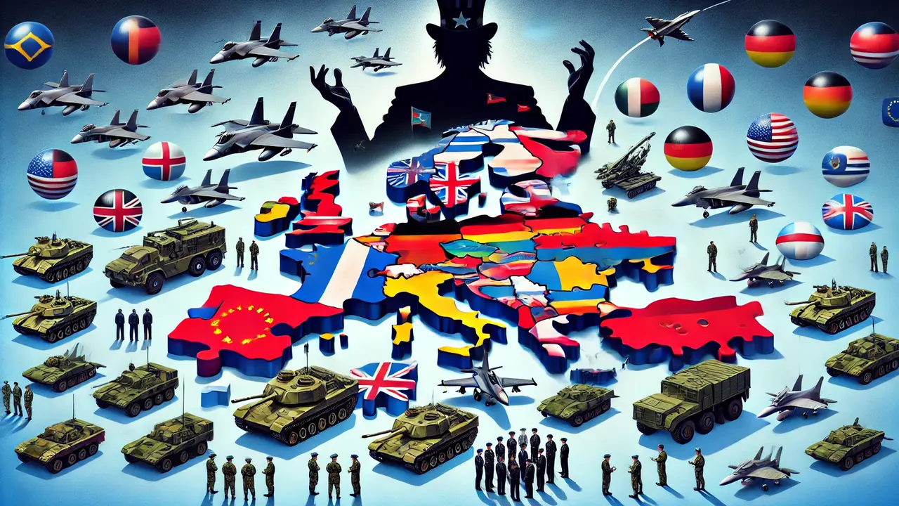 Ilustración que refleja la fragmentación y la falta de operatividad del gasto militar europeo, con un rompecabezas de equipamiento militar disperso, la sombra de la influencia estadounidense y una escena de mando desconectado. / Mundiario