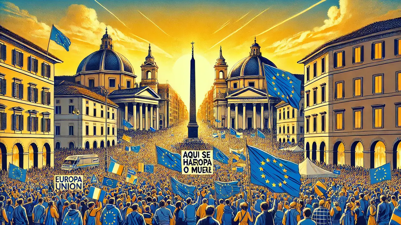 Ilustración de una manifestación por Europa./ Mundiario