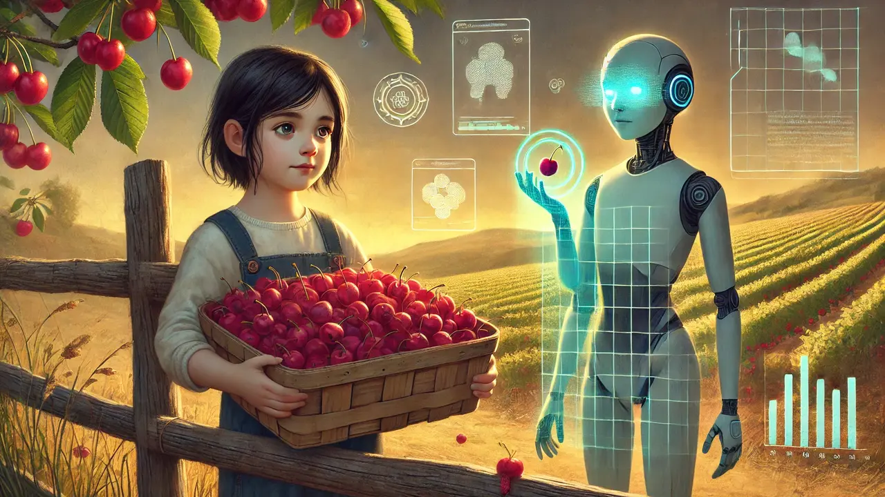 Ilustración de una niña con un cesto de cerezas junto a un chatbot. / Mundiario