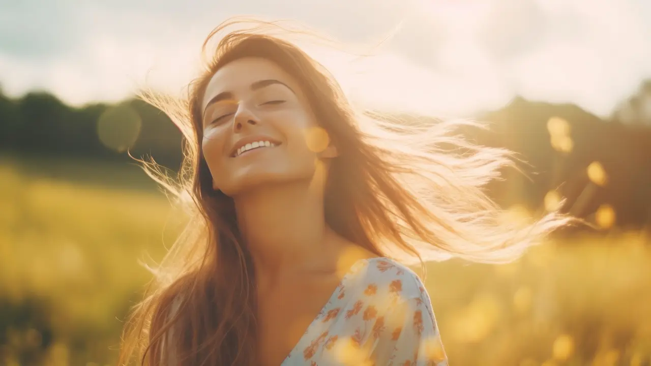 Happy woman on the sunny field. Illustration Generative AI