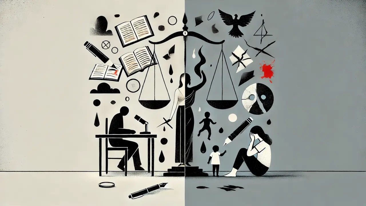 Ilustraci&oacute;n que representa el conflicto entre la libertad de creaci&oacute;n y los derechos de las v&iacute;ctimas, inspirada en el caso del libro El odio. / Mundiario