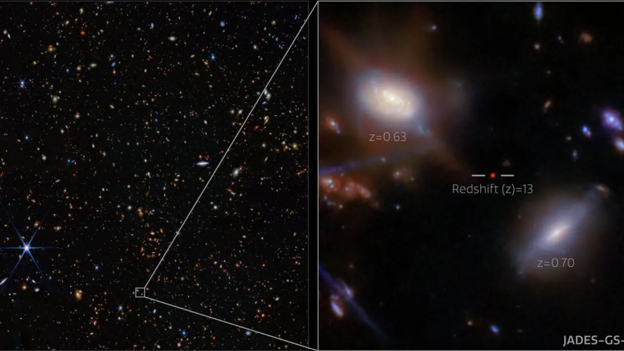 La galaxia GS-z13-1, observada apenas 330 millones de a&ntilde;os despu&eacute;s del Big Bang. / NASA/ESA/CSA - Telescopio Espacial James Webb