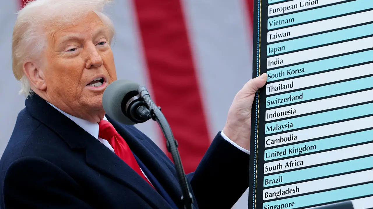 Donald Trump muestra los aranceles rec&iacute;procos para distintos socios comerciales, el 2 de abril en el exterior de la Casa Blanca. / RR SS.