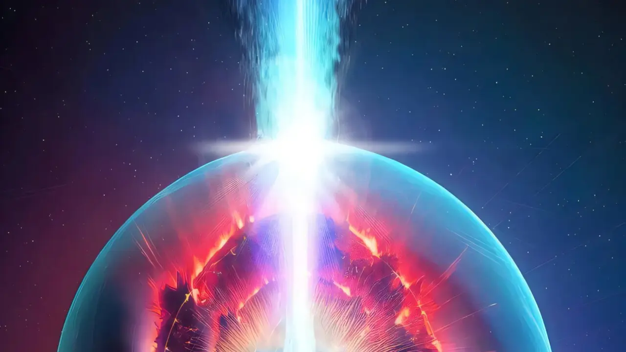 Un chorro fot&oacute;nico de alta energ&iacute;a (blanco y azul) atraviesa un colapsar con un agujero negro en el centro. El espacio rojo alrededor del chorro representa el capullo donde los neutrones libres pueden ser capturados provocando el proceso r, la nucleos&iacute;ntesis que resulta en la formaci&oacute;n de elementos pesados. / Laboratorio Nacional de Los &Aacute;lamos