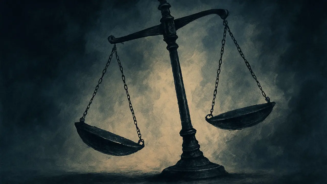 Una balanza de la justicia torcida, rodeada de sombras. / Mundiario