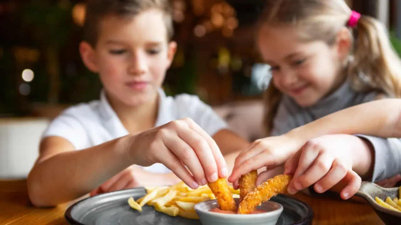 Unos ni&ntilde;os comen pescado. / RR. SS.