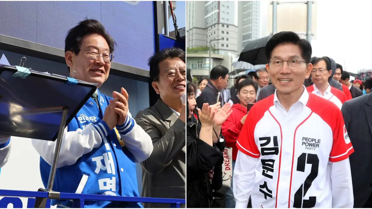 El l&iacute;der y candidato presidencial del Partido Democr&aacute;tico de Corea del Sur, Lee Jae-myung y Kim Moon Soo, candidato del Partido del Poder Popular. / Mundiario