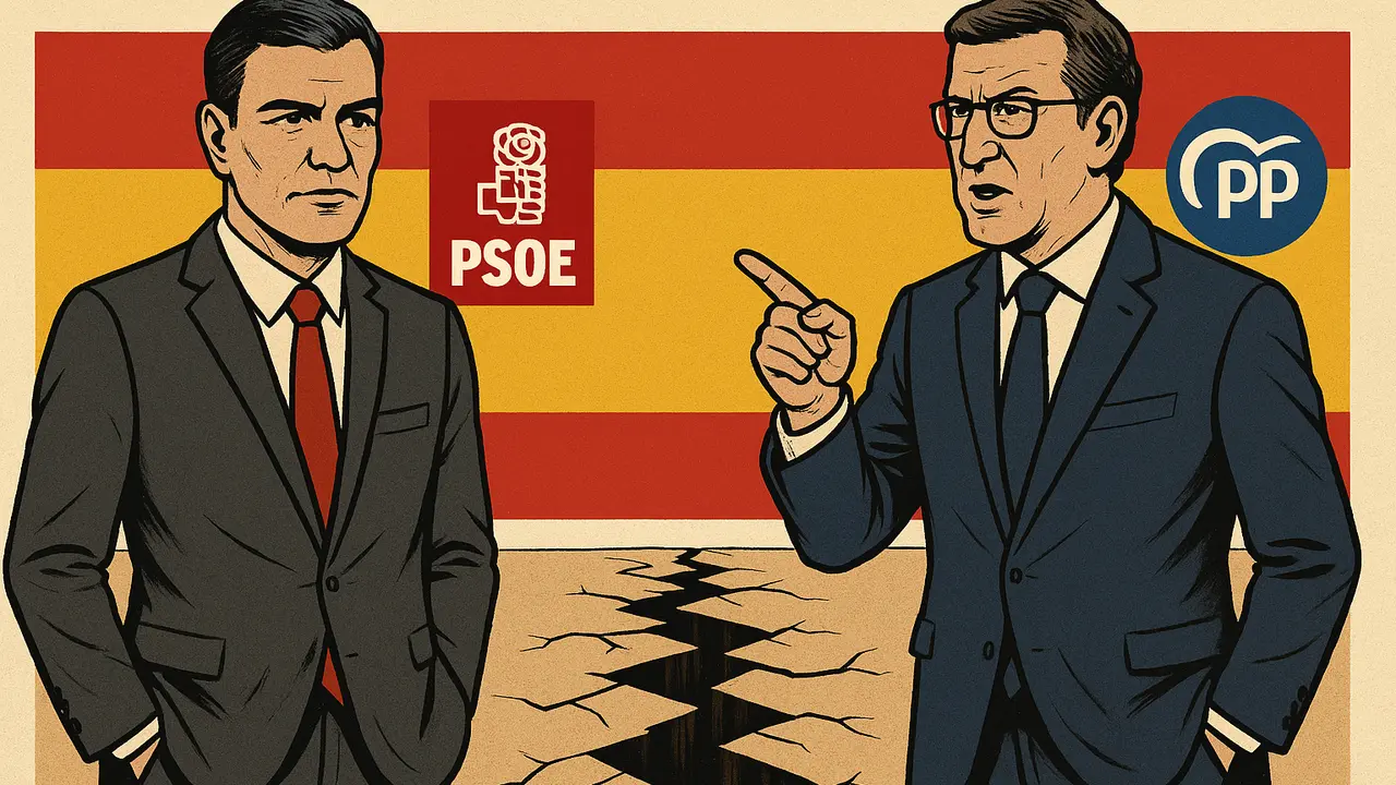 Ilustraci&oacute;n de la pol&iacute;tica espa&ntilde;ola, con Pedro S&aacute;nchez y Alberto N&uacute;&ntilde;ez Feij&oacute;o como protagonistas. / Mundiario