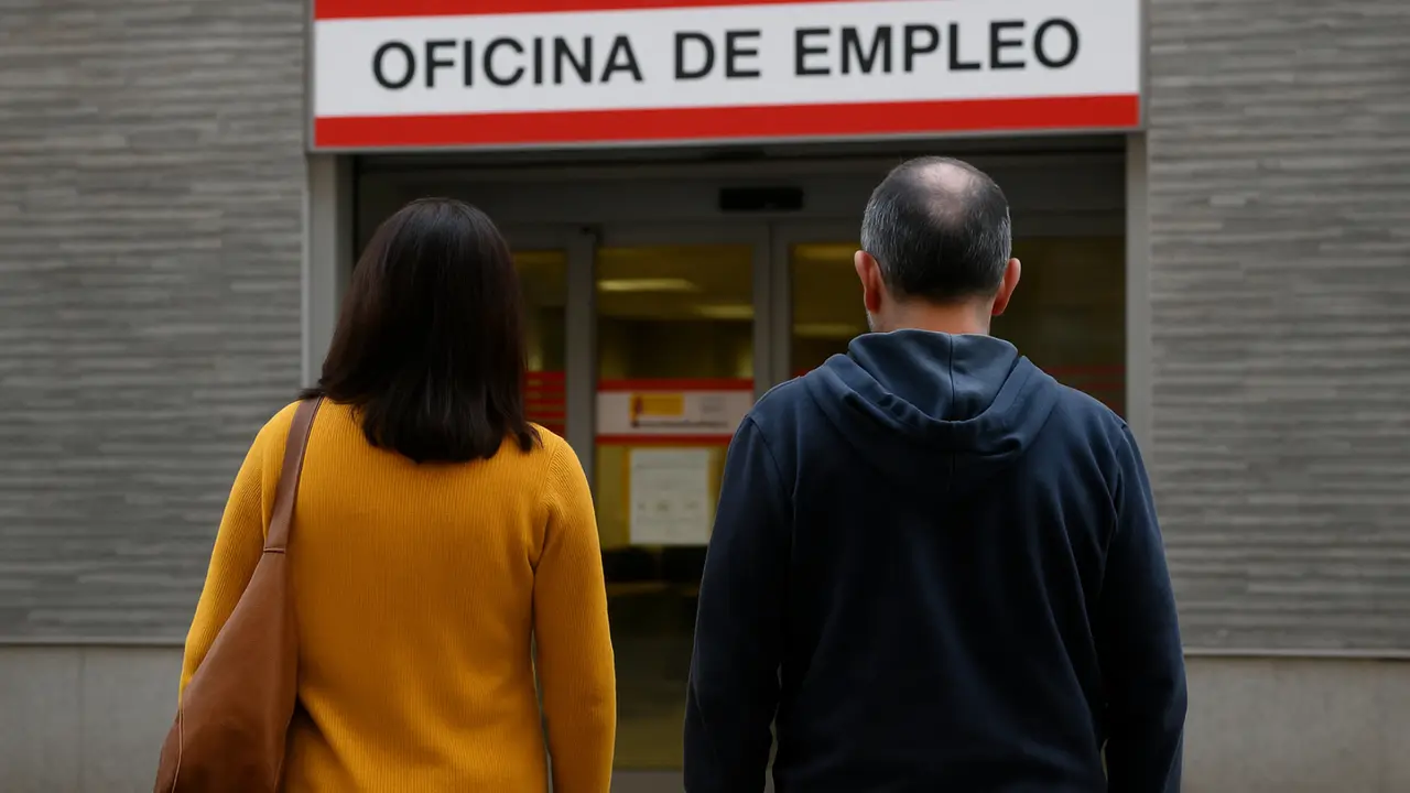 Dos personas frente a una oficina de empleo. / Mundiario.