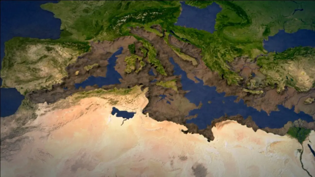 El Mediterr&aacute;neo durante la crisis salina del Messiniense. / Mantero y Garc&iacute;a-Castellanos-SINC