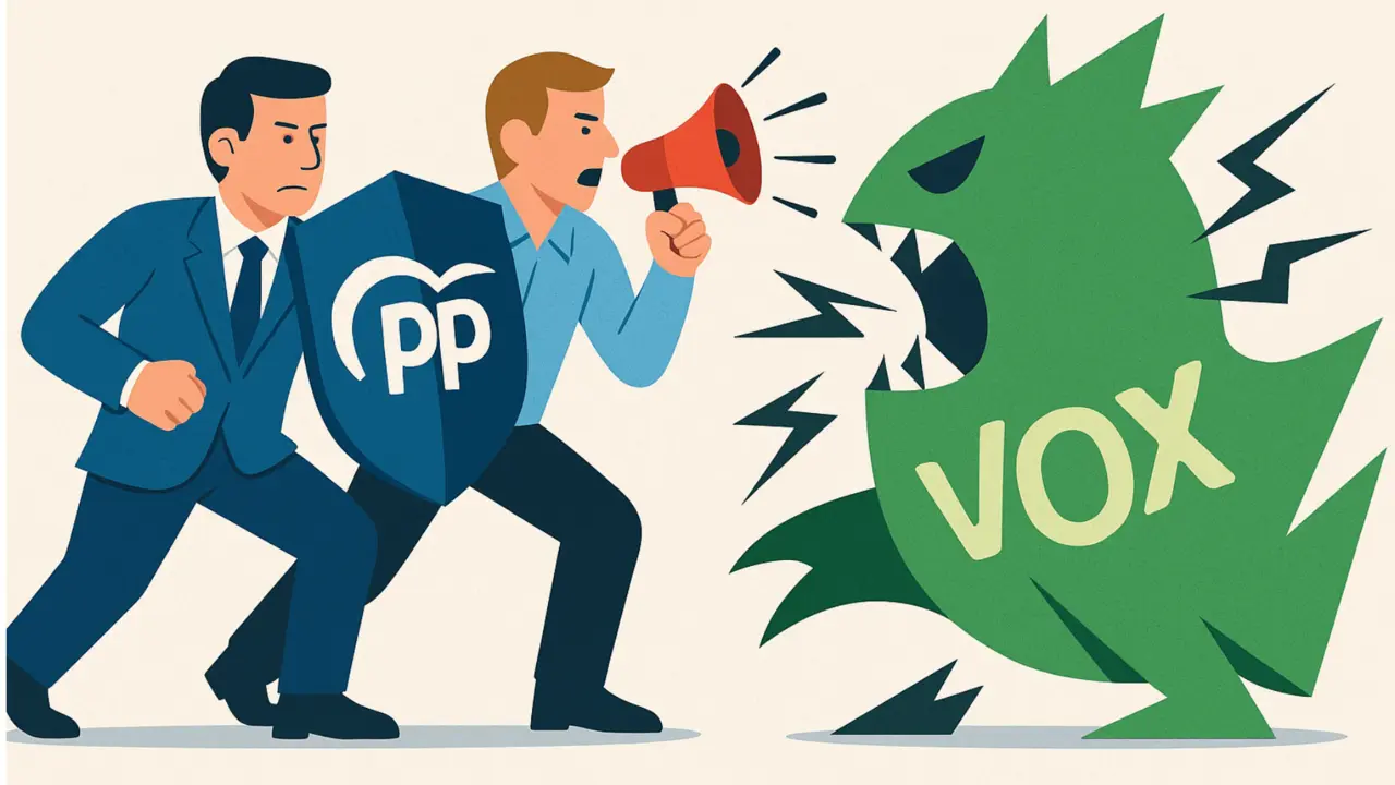 Ilustración sobre la lucha del PP contra Vox. / Mundiario