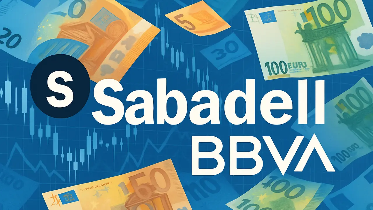 Un montaje gr&aacute;fico con los logos del Sabadell y BBVA. / Mundiario.