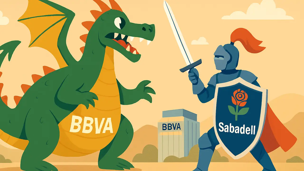 Un drag&oacute;n y un caballero, se entrenfa en refencia a la opa del BBVA por el Banco Sabadell. / Mundiario.