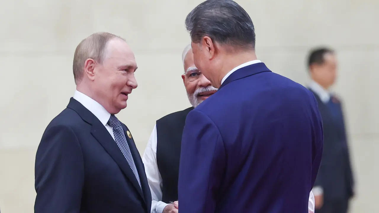 Vlad&iacute;mir Putin, Narendra Modi y Xi Jinping. / Oficina del Primer Ministro de India