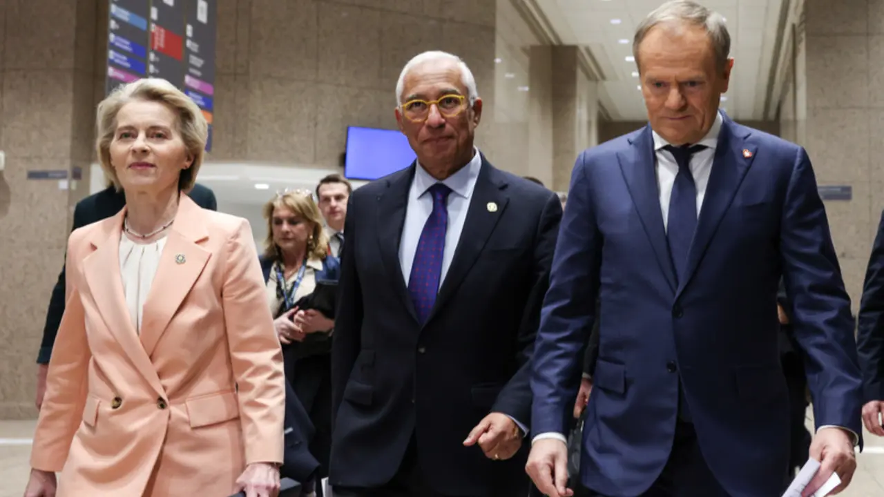 Ursula von der Leyen, presidenta de la Comisi&oacute;n Europea; Ant&oacute;nio Costa, presidente del Consejo Europeo y Donald Tusk, primer ministro de Polonia. / Consejo Europeo