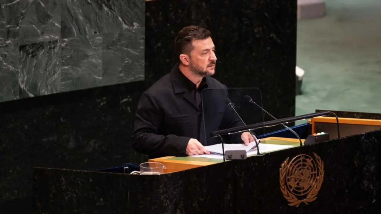 El presidente de Ucrania, Volod&iacute;mir Zelenski en la Asamblea General de la ONU. / Oficina del presidente de Ucrania