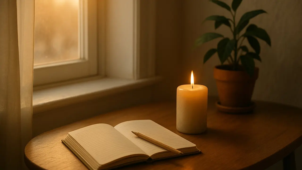 Amanecer c&aacute;lido entrando por una ventana; cuaderno abierto y vela encendida sobre mesa de madera, con una planta al fondo: calma e integraci&oacute;n. / Mundistyle.