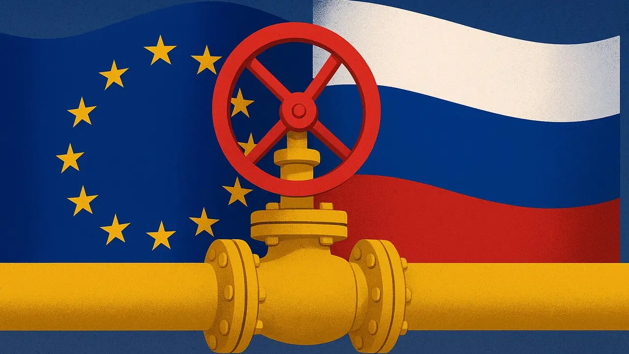 Banderas de la UE y Rusia detr&aacute;s de una tuber&iacute;a. / RR SS.
