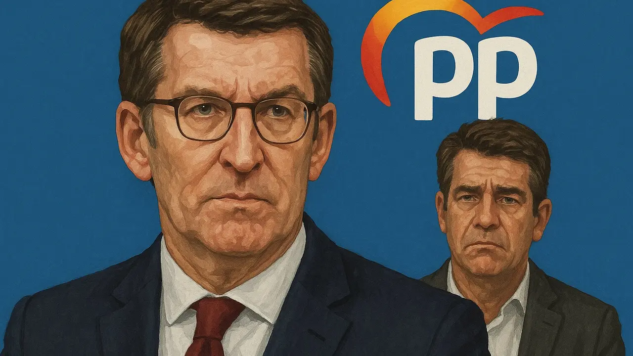 Ilustraci&oacute;n sobre Alberto N&uacute;&ntilde;ez Feij&oacute;o y Carlos Maz&oacute;n bajo el logo del PP. / Mundiario
