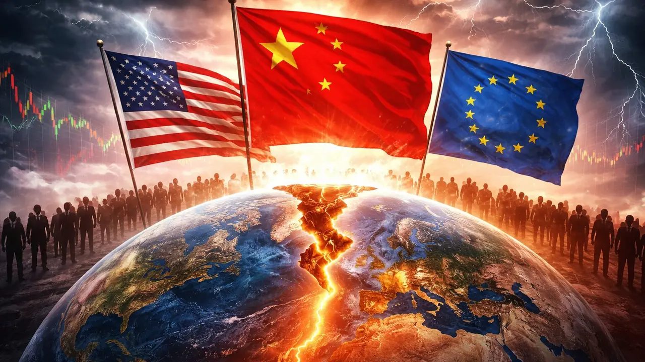 Ilustraci&oacute;n del planeta con las banderas de EE UU, China y la UE. / Mundiario