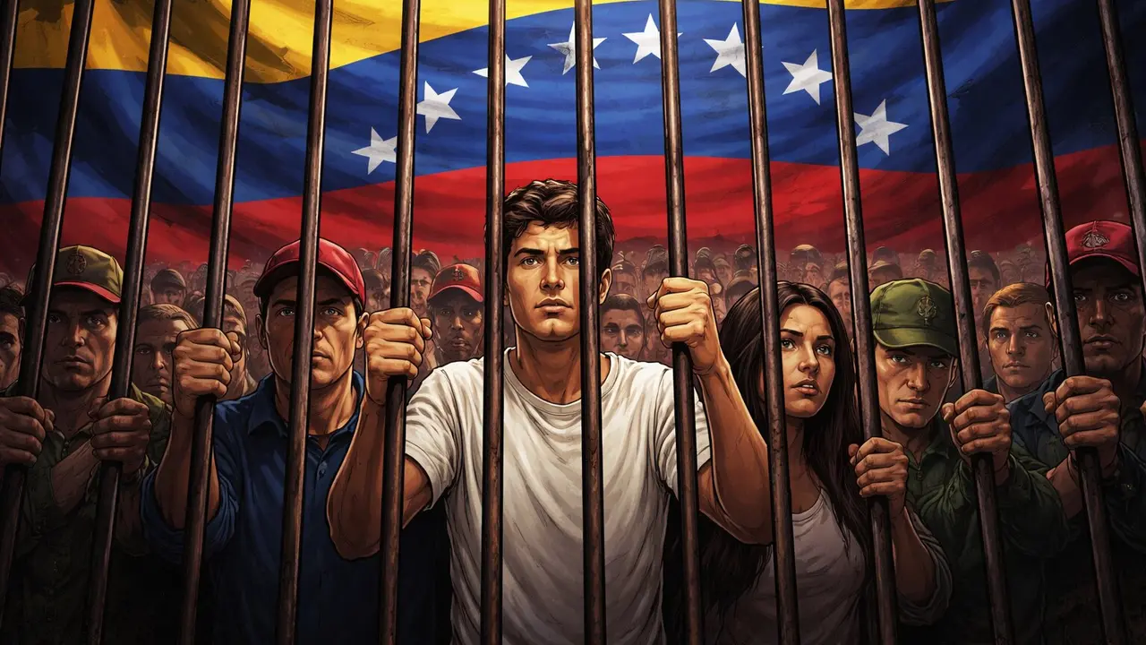 Ilustraci&oacute;n de los presos pol&iacute;ticos en Venezuela, con su bandera como tel&oacute;n de fondo. / Mundiario