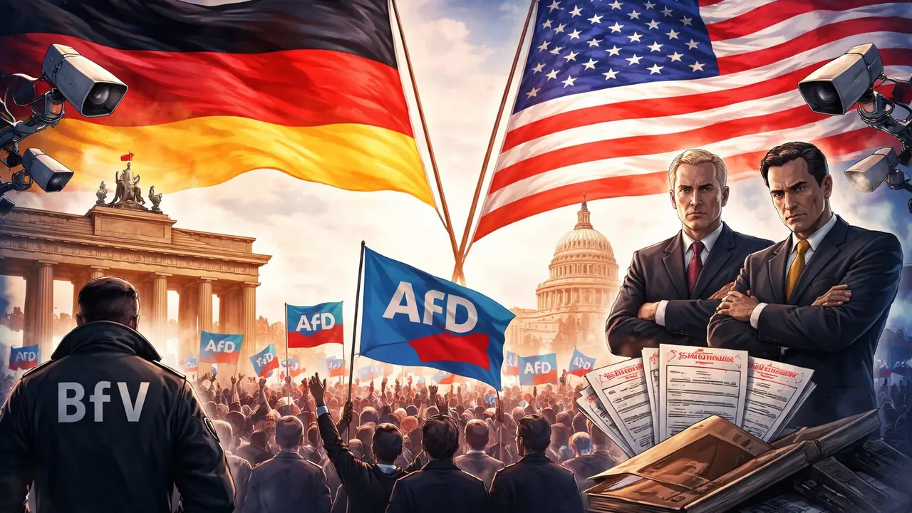 Ilustraci&oacute;n sobre los roles de la Oficina Federal para la Protecci&oacute;n de la Constituci&oacute;n (BfV) y la Alternativa para Alemania (AfD). / Mundiario