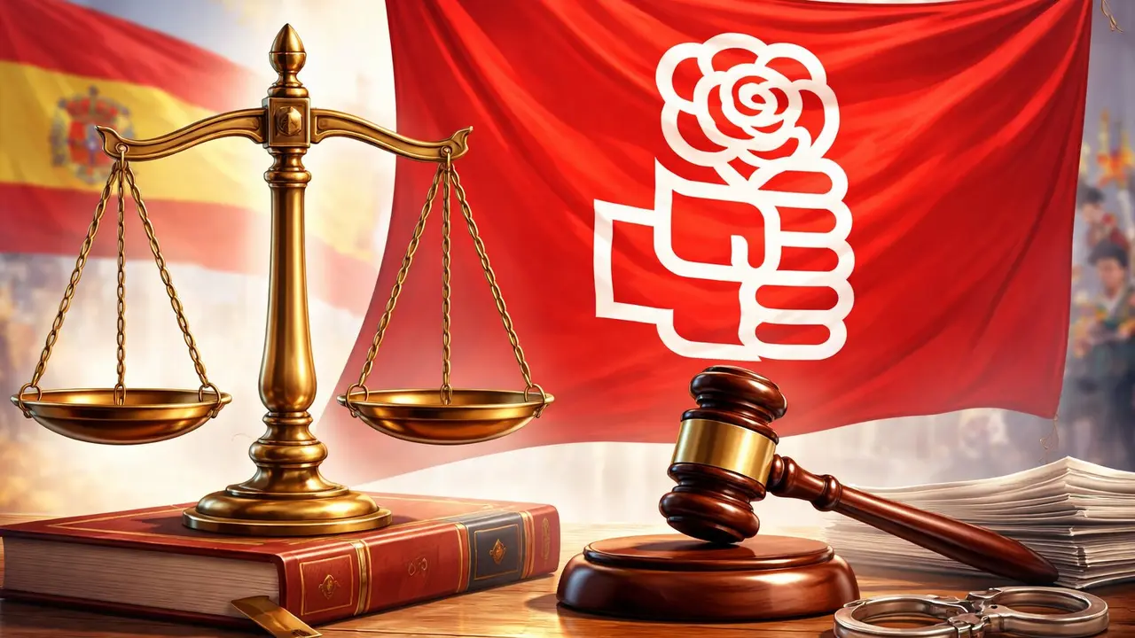 S&iacute;mbolos de la justicia junto a una bandera del PSOE. / Mundiario