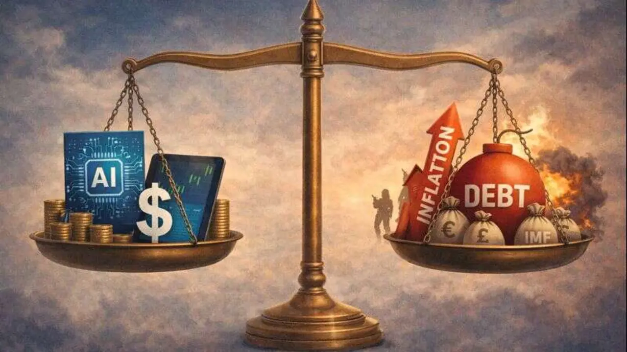 Una balanza: de un lado, s&iacute;mbolos de la IA y los mercados; del otro, deuda, inflaci&oacute;n y conflictos. / Mundiario.