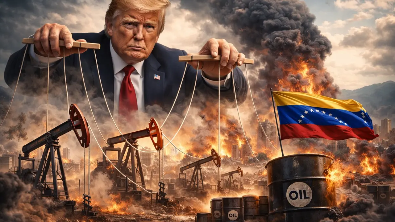 Ilustraci&oacute;n de Donald Trump manejando los hilos del petr&oacute;leo de Venezuela. / Mundiario
