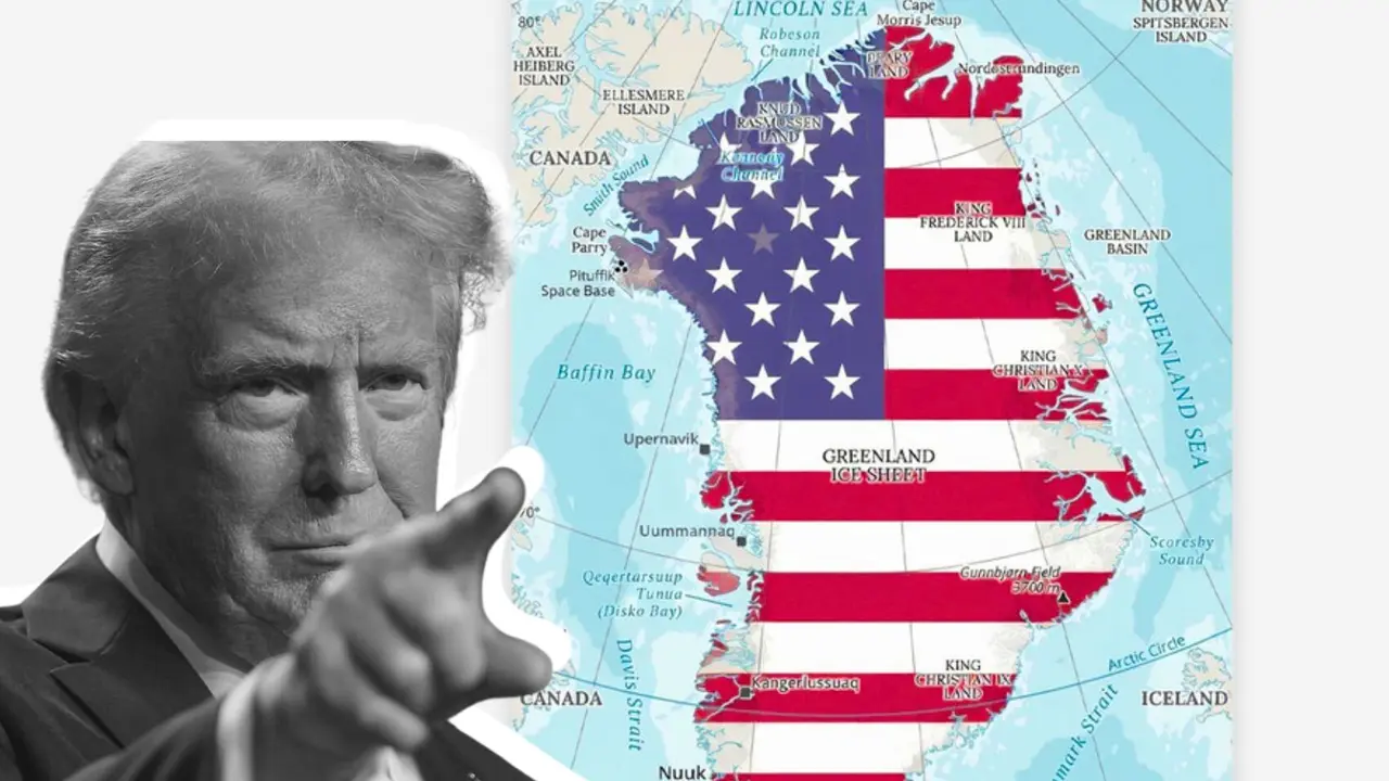 Donald Trump, presidente de EE UU y un mapa de Groenlandia con la bandera de EE UU. / Mundiario