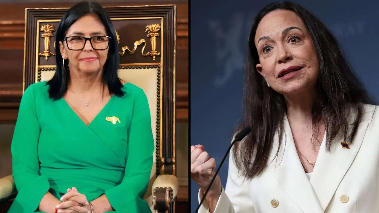 Delcy Rodr&iacute;guez, presidenta interina de Venezuela; y Mar&iacute;a Corina Machado, l&iacute;der opositora y Nobel de la Paz. / RR SS.