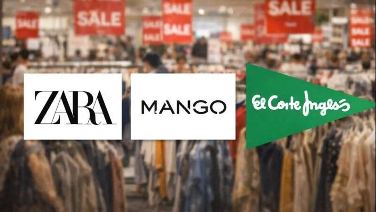 Fondo de rebajas con los logos de Zara, Mango y El Corte Ingl&eacute;s. / Mundiario.