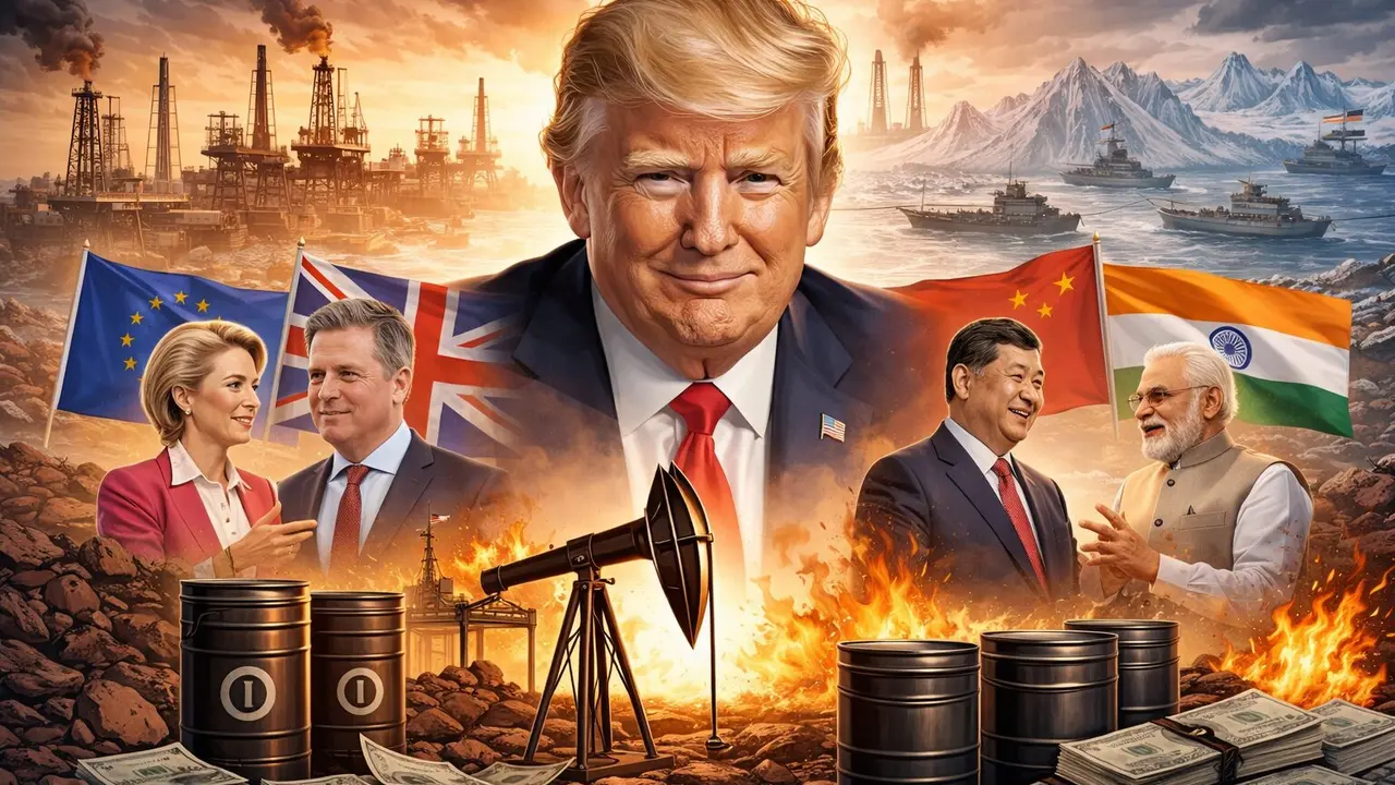 Ilustraci&oacute;n de Trump entre los l&iacute;deres de la UE y el Reino Unido, a la izquierda, y los presidentes de China e India, a la derecha. / Mundiaro