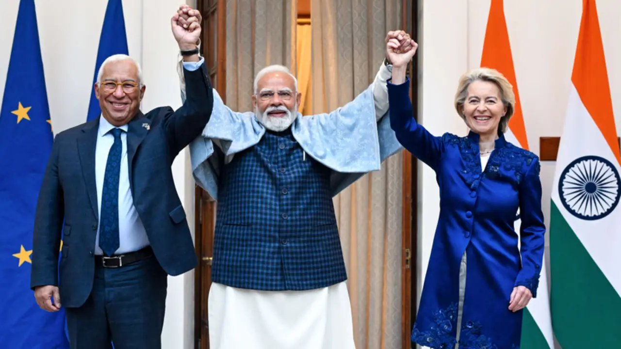 Ant&oacute;nio Costa, presidente del Consejo Europeo; Narendra Modi, primer ministro de la India y Ursula von der Leyen, presidenta de la Comisi&oacute;n Europea. / Consejo Europeo