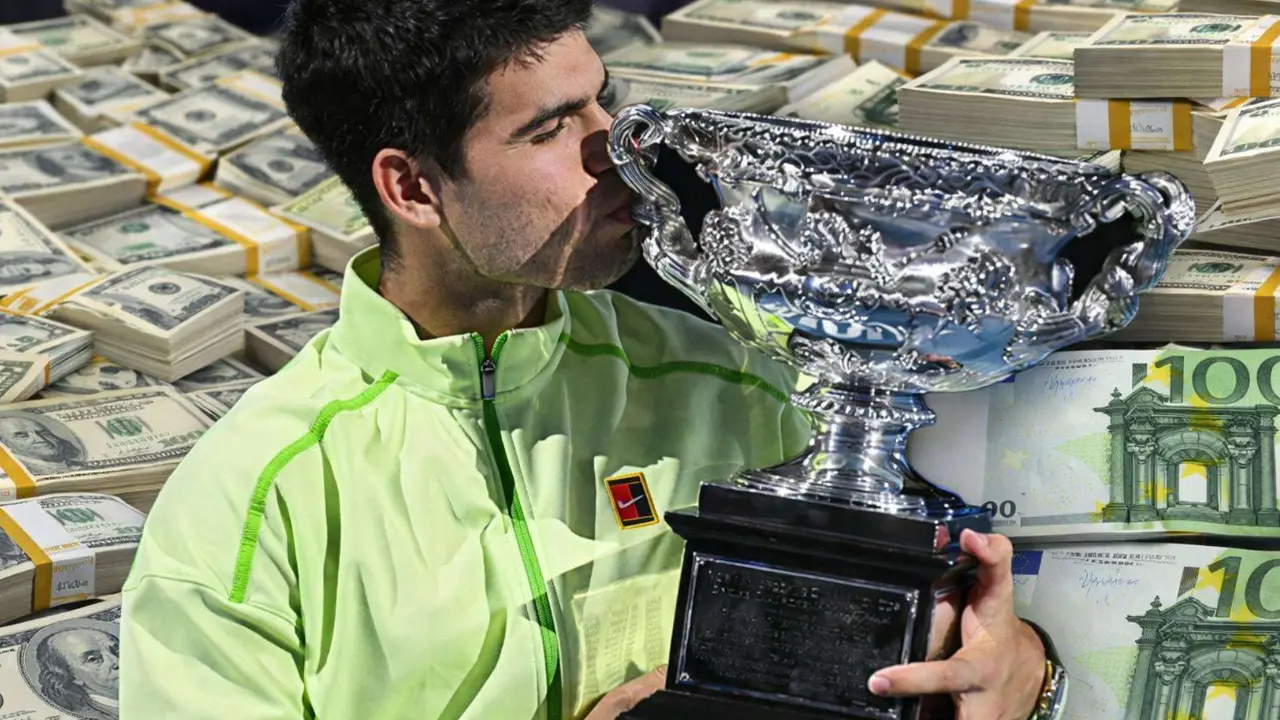 Imagen creada por IA de Carlos Alcaraz con una monta&ntilde;a de dinero en el fondo. / Instagram: australianopen