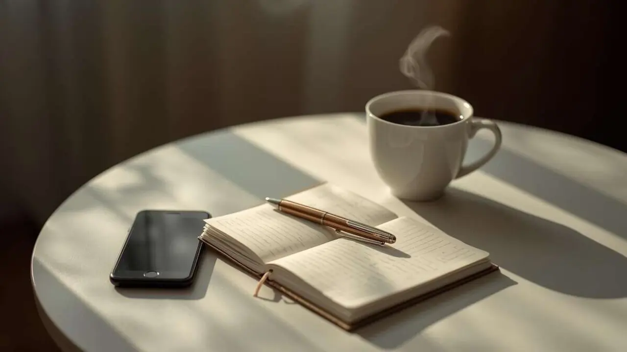 Café, libreta y móvil.