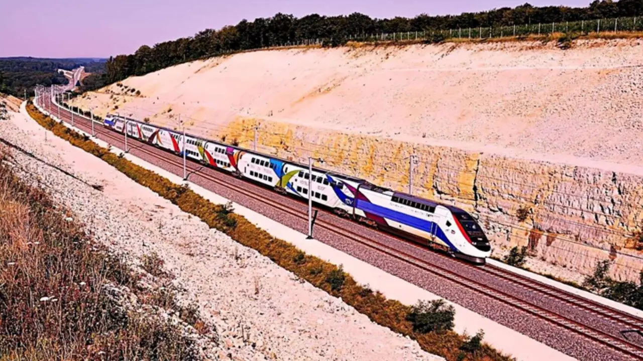 Un tren de alta velocidad circula por la meseta sur, pasando junto a una trinchera tallada subverticalmente en unas calizas terciarias de disposici&oacute;n horizontal. / Foto de Trainsdoubs─25. / Pixabay.