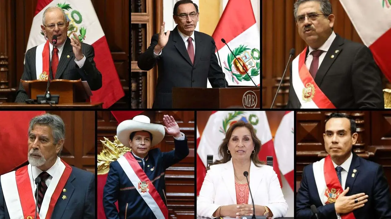 Los siete presidentes que ha tenido Per&uacute; en los &uacute;ltimos 10 a&ntilde;os: Pedro Pablo Kuczynski (2016-2018), Mart&iacute;n Vizcarra (2018-2020), Manuel Merino (10-11-2020 al 15-11-2020), Francisco Sagasti (2020-2021), Pedro Castillo (2021-2022), Dina Boluarte (2022-2025), Jos&eacute; Jer&iacute; (2025-2026). / RR SS.